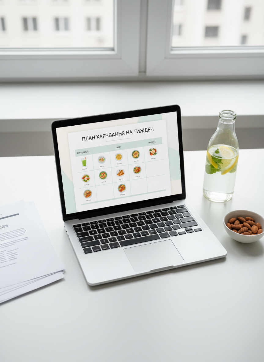 A bird’s-eye view of a tidy white desk where a laptop screen displays a professional, well-structured PDF weight loss menu in Ukrainian, with a weekly calendar layout and colorful, healthy meal icons. Surrounding the laptop are printed pages neatly stacked, a glass of infused water with lemon and mint, and a small bowl of almonds. Soft diffused daylight from an overcast window illuminates the scene evenly, with minimal shadows, enhancing a clean and focused mood. Photographic realism, minimalist aesthetic, and careful composition using the rule of thirds convey organization, clarity, and the feeling of starting a simple, manageable nutrition plan today.
