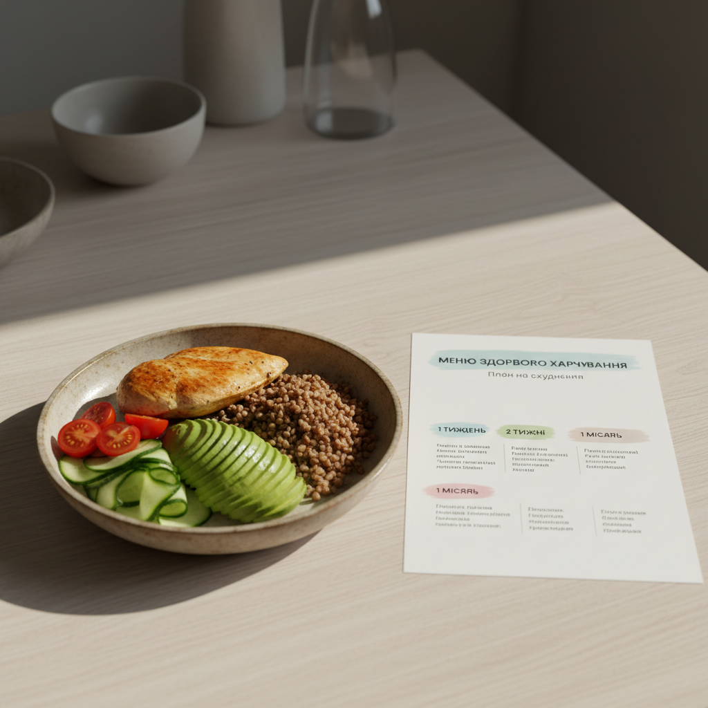 A pristine wooden dining table with a pale, matte finish is set with a single, beautifully plated weight loss-friendly meal: baked chicken breast, creamy avocado slices, fresh cucumber ribbons, cherry tomatoes, and a portion of buckwheat. Beside the plate rests a printed PDF menu page in Ukrainian, with clear sections labeled “1 тиждень”, “2 тижні” and “1 місяць” highlighted in soft pastel accents. Natural afternoon light from the side creates a warm, relaxed glow, emphasizing textures of the food and paper. Photographic realism, slightly elevated angle, balanced composition, and a softly blurred background featuring minimal kitchen accessories convey a sense of order, enjoyment, and stress-free healthy eating.