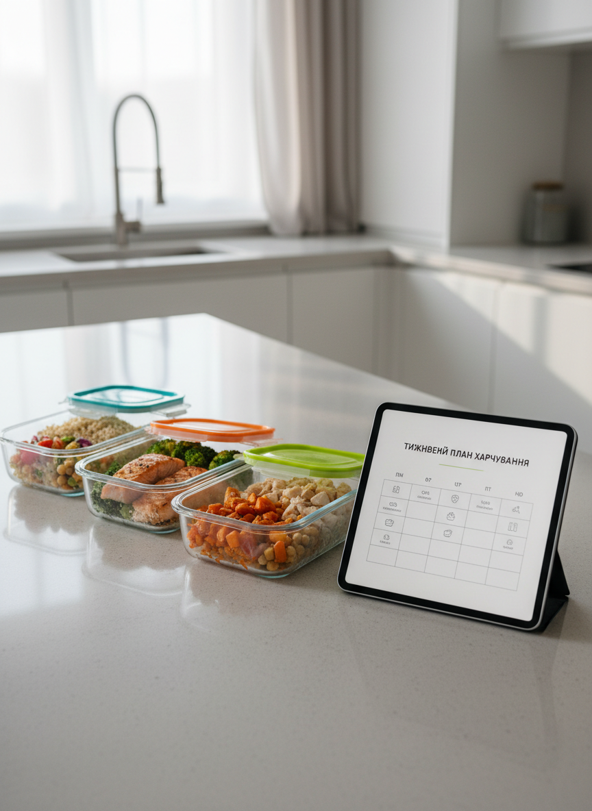 A clean, modern kitchen countertop made of light gray quartz holds three neatly arranged, colorful meal prep containers filled with balanced, healthy dishes: grilled salmon with quinoa and broccoli, chicken with brown rice and roasted carrots, and a vibrant chickpea salad. Nearby lies an open minimalist PDF menu displayed on a sleek tablet, showing a structured weekly plan in Ukrainian. Soft morning daylight enters from an unseen window, casting gentle, natural shadows and subtle reflections on the surface. Photographic realism, eye-level composition with shallow depth of field keeps the containers and tablet in sharp focus while the background kitchen elements remain softly blurred, creating a calm, professional, and motivating atmosphere about easy, structured weight loss nutrition.